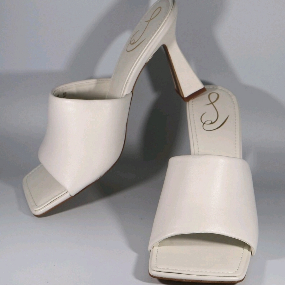 Sam Edelman Carmen Heeled Mule Sandals, White Leather, Square Toe, Size 9.5